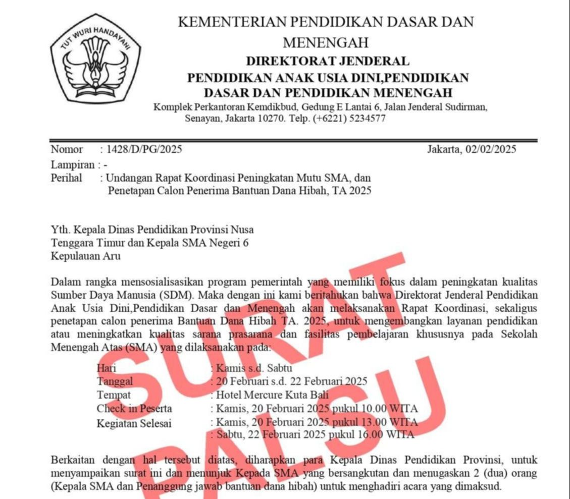 Waspadai Surat Palsu atas Nama Direktorat Jenderal PAUD, Dikdas, dan Dikmen, Kemendikdasmen