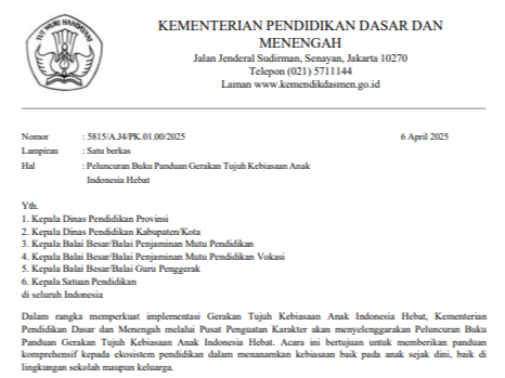 Surat Edaran Peluncuran Buku Panduan Gerakan Tujuh Kebiasaan Anak Indonesia Hebat