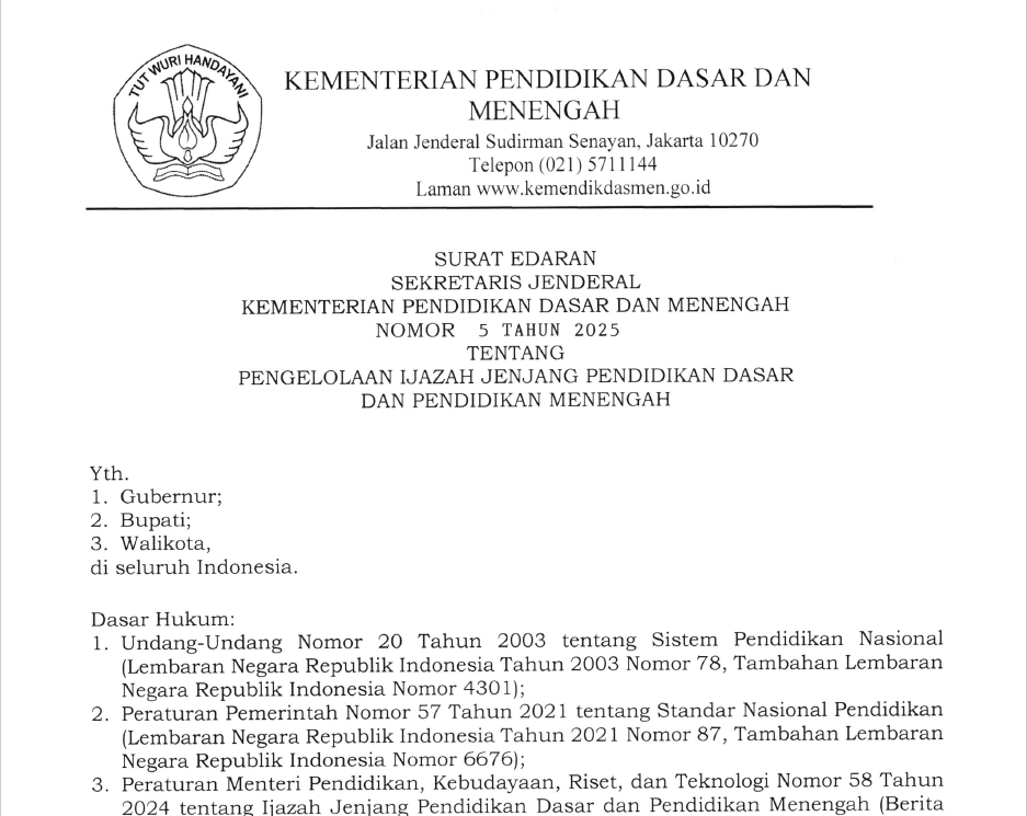Surat Edaran Pengelolaan Ijazah Jenjang Pendidikan Dasar dan Pendidikan Menengah