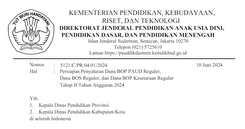 Surat Edaran Persiapan Penyaluran Dana BOP PAUD Reguler, Dana BOS Reguler, dan Dana BOP Kesetaraan Reguler Tahap II Tahun 2024